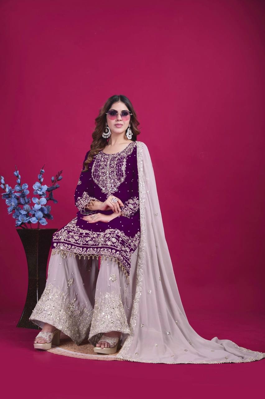 Purple color georgette sharara suit with dupatta 