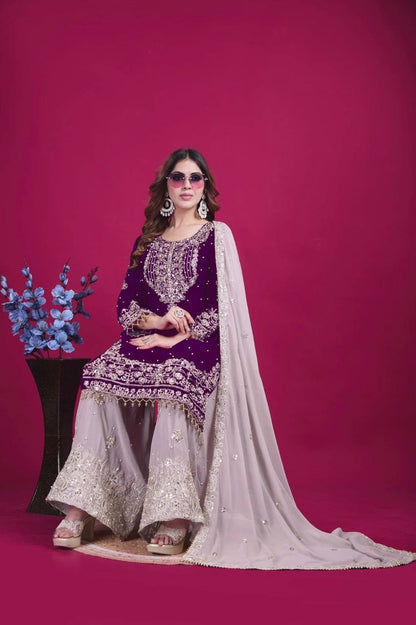 Purple color georgette sharara suit with dupatta 