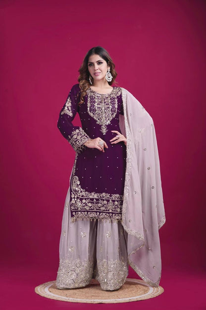 Purple color georgette sharara suit with dupatta price