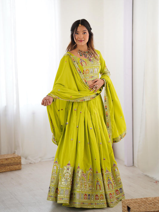 Parrot green natural crep silk lehenga choli for party