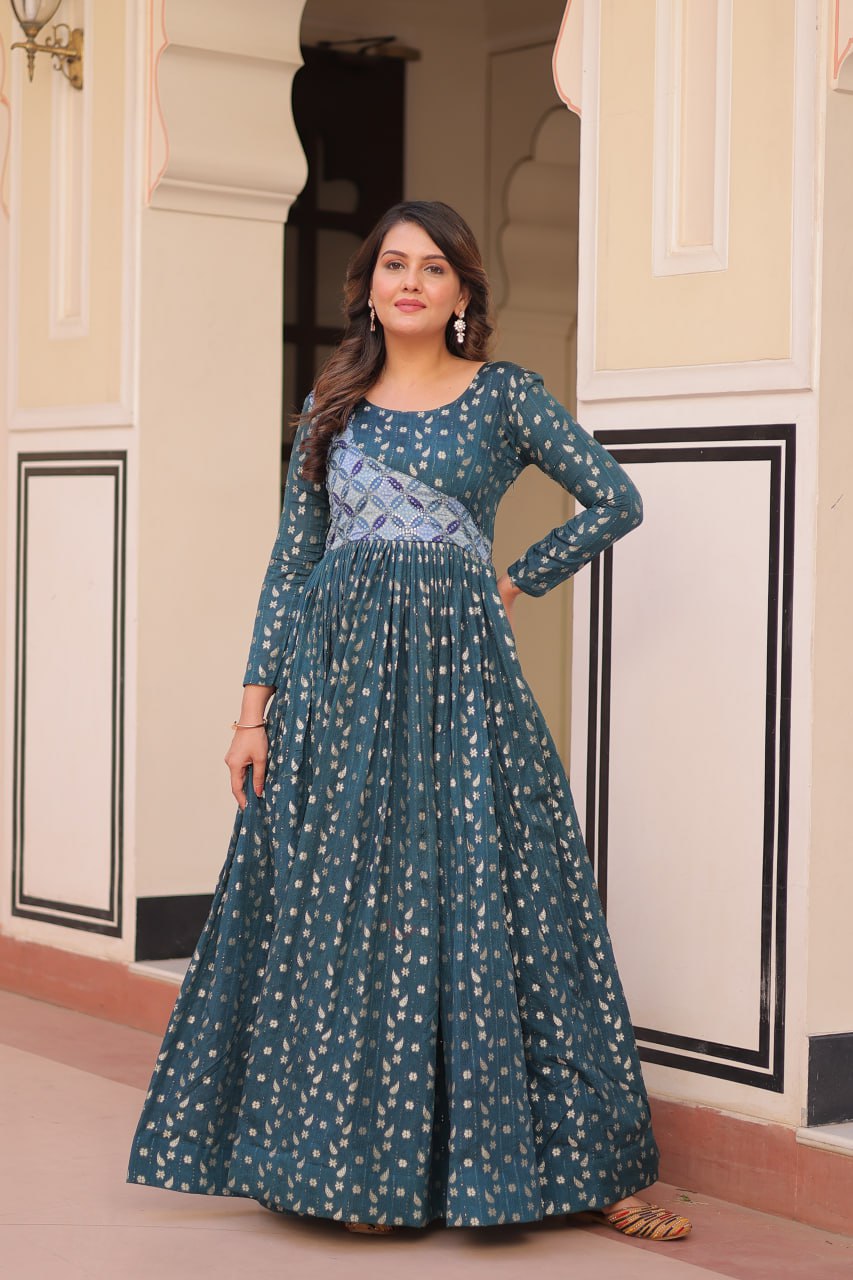 Rama color jacquard long gown with online shopping