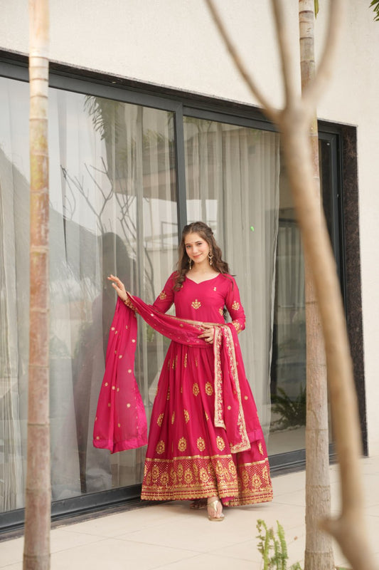 Long sleeve pink color georgette gown for women
