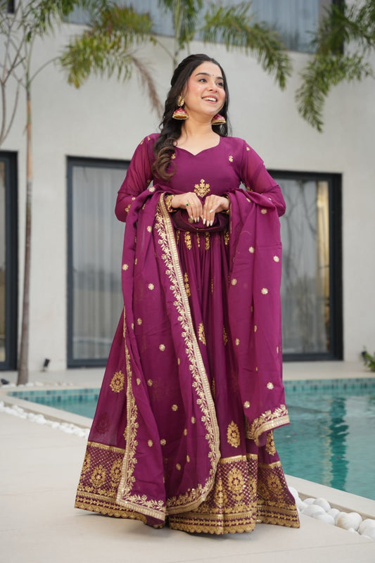 Long sleeve wine color georgette gown for women

