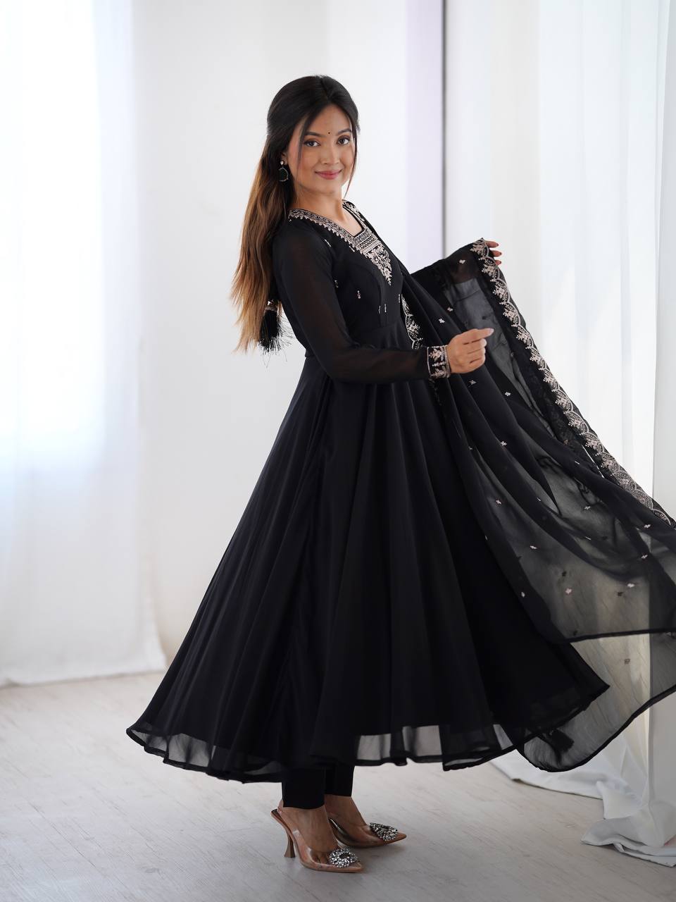 Black color georgette gown with dupatta