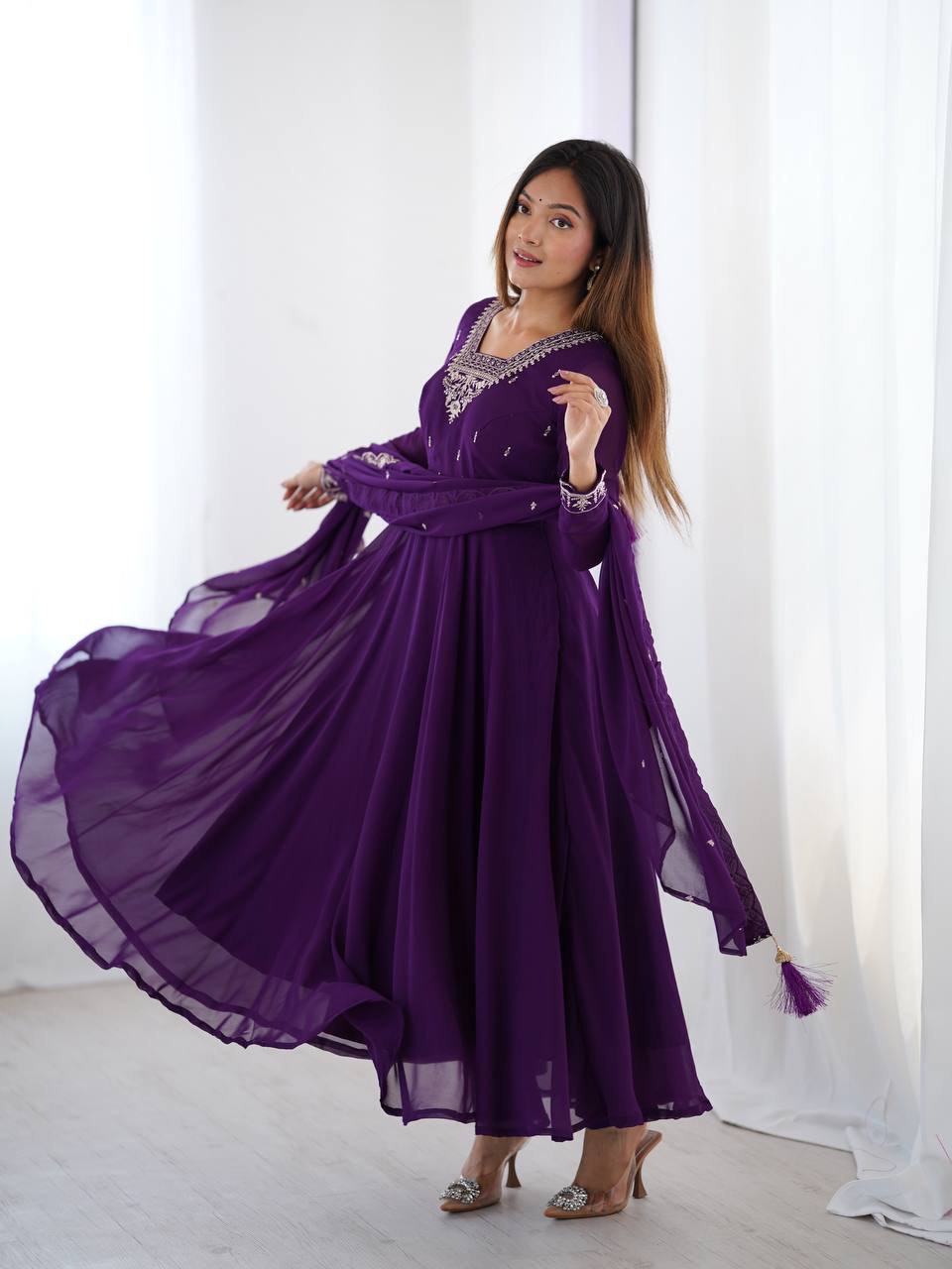 Purple color georgette salwar suit with dupatta images