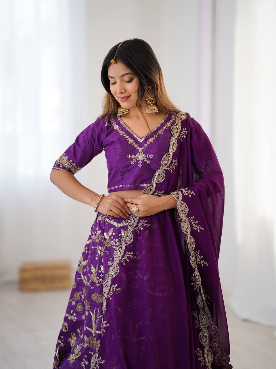 Purple color silk lehenga choli with dupatta price