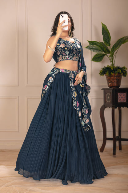 Teal color star georgette lehenga choli for wedding