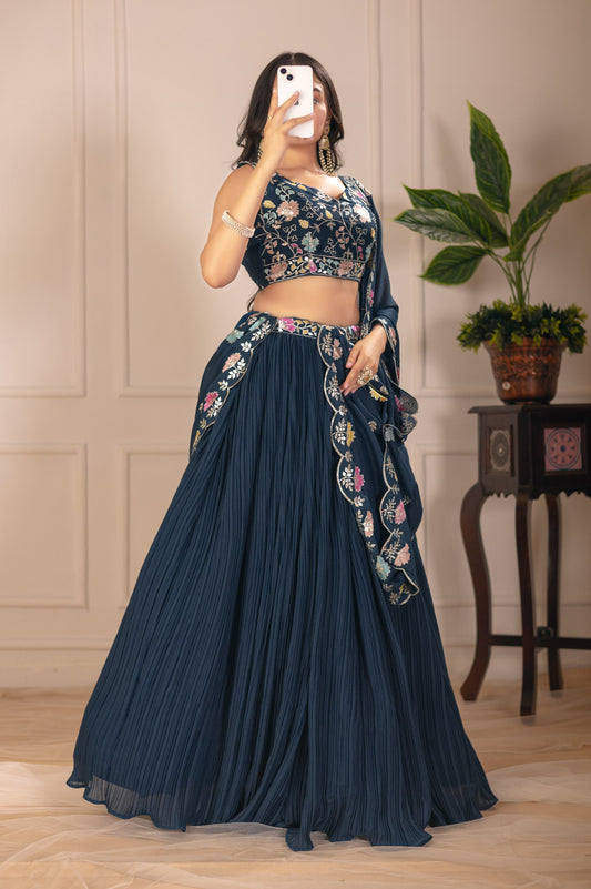 Teal color star georgette lehenga choli for wedding