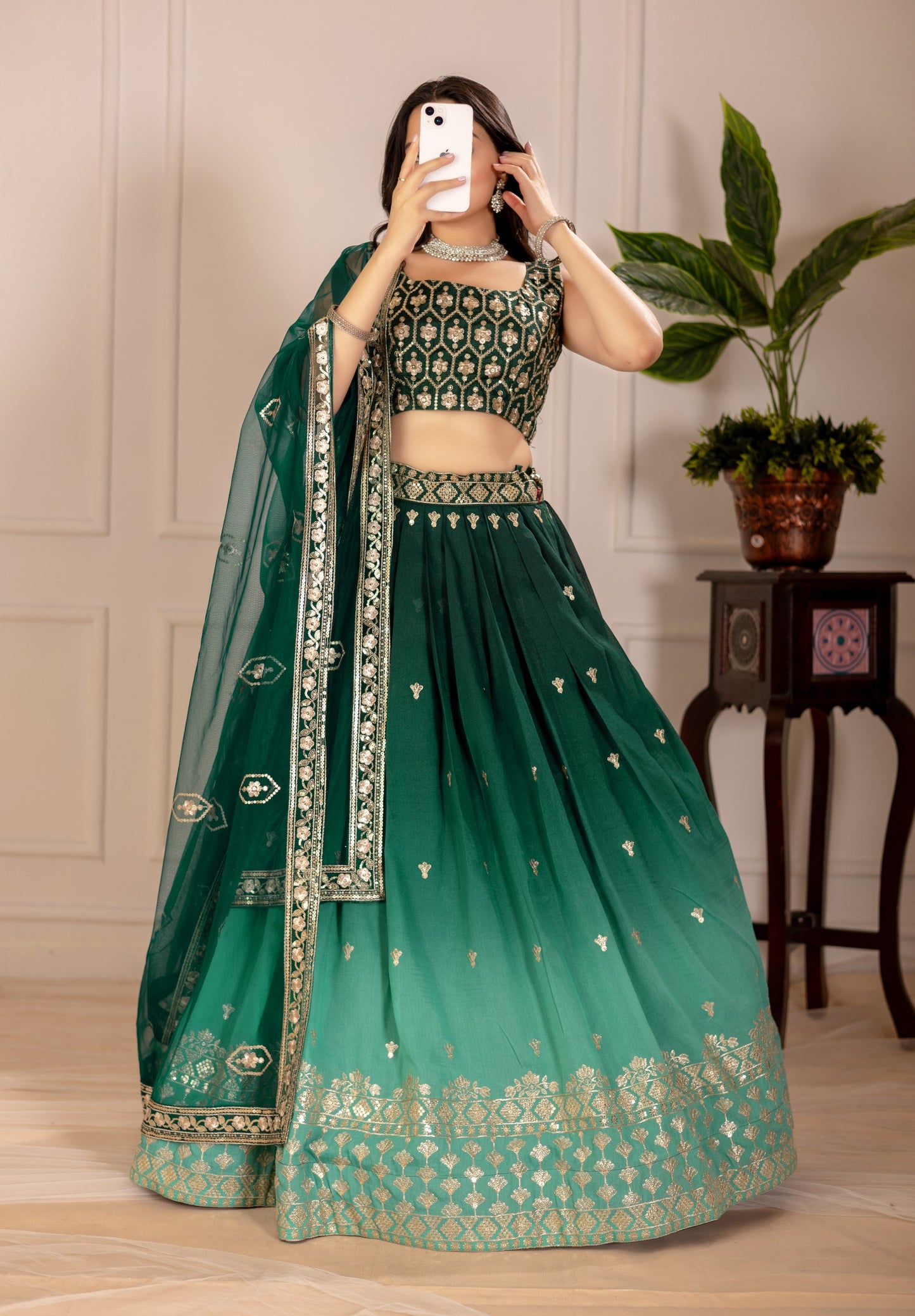 Green color shimmer silk lehenga choli for women