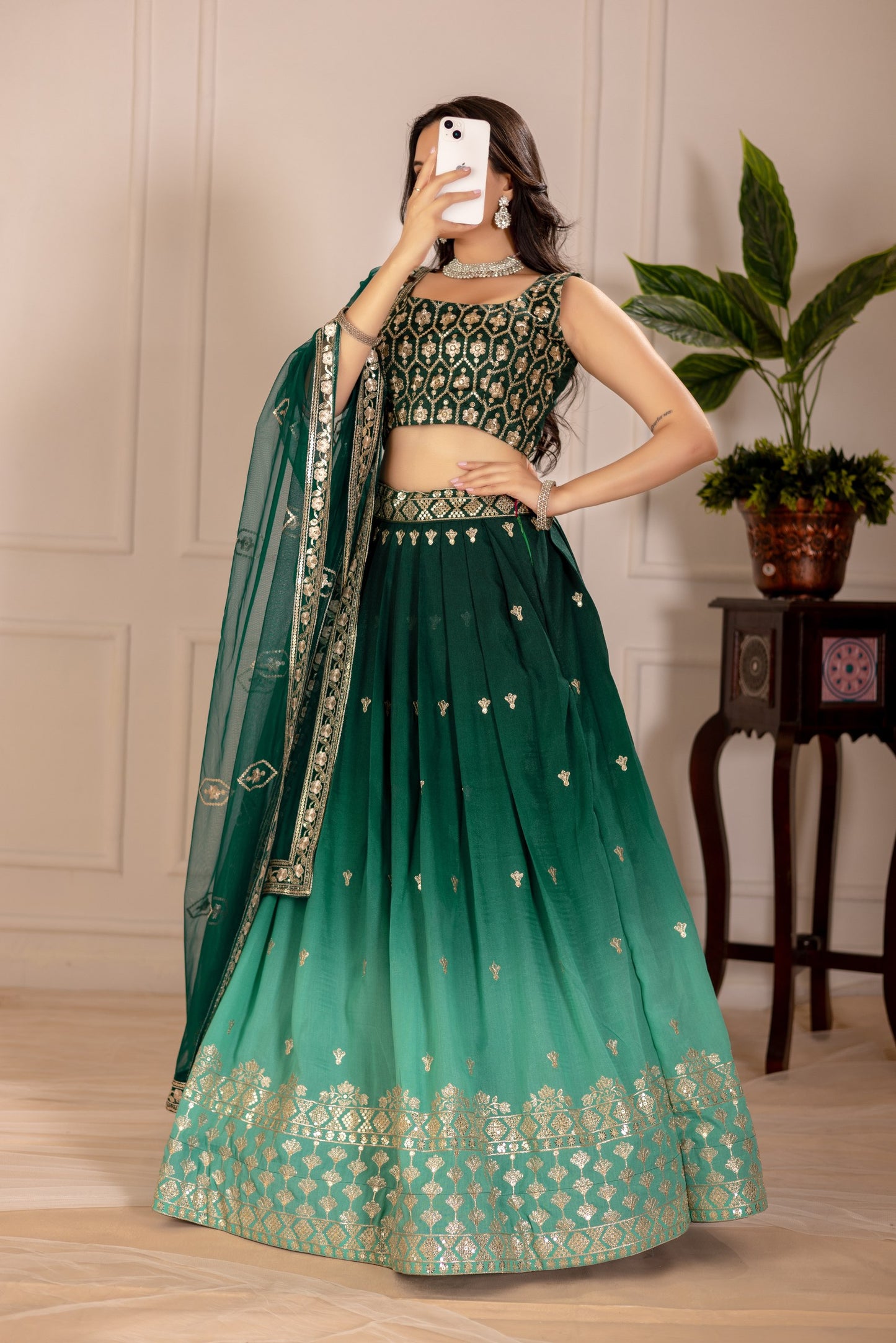 Green color shimmer silk lehenga choli with dupatta 