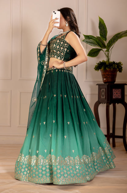 Green color shimmer silk lehenga choli with dupatta price