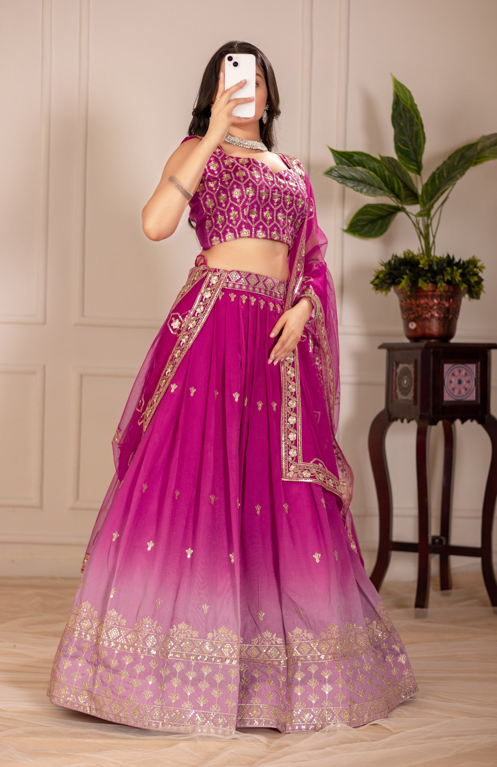 Pink color shimmer silk lehenga choli with dupatta