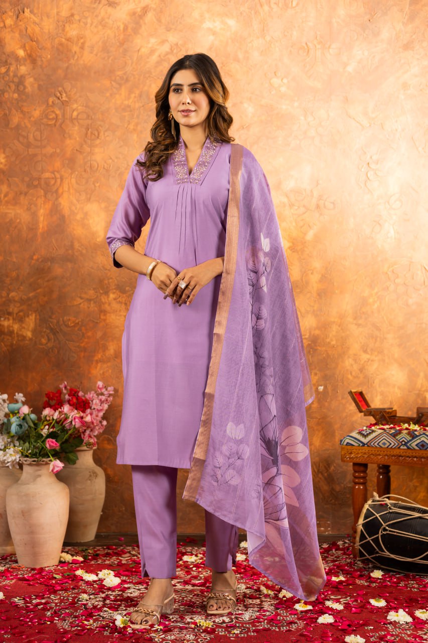 Lavender color roman silk salwar suit for women