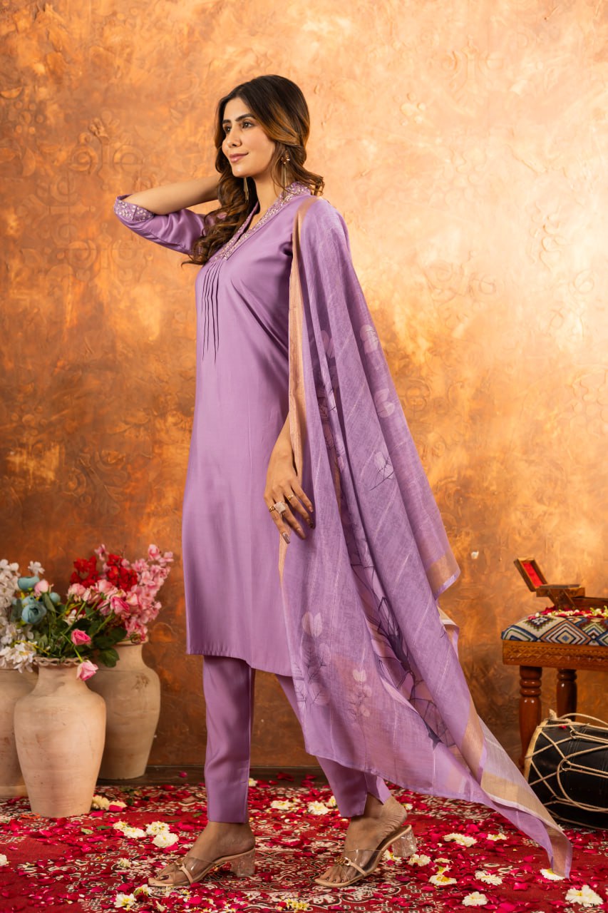 Lavender roman silk salwar suit with dupatta online