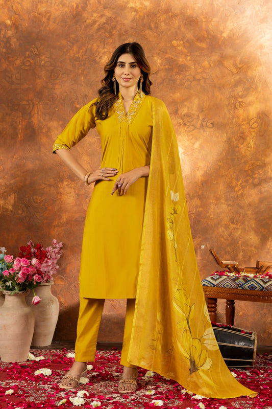 Yellow color roman silk salwar suit for women