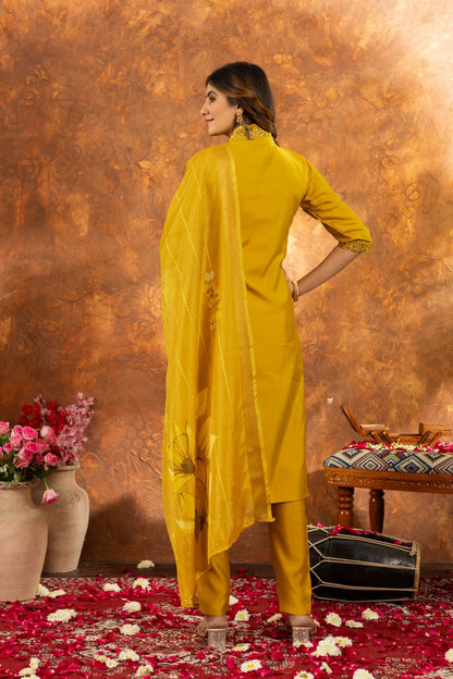 Yellow roman silk salwar suit with dupatta online shopping