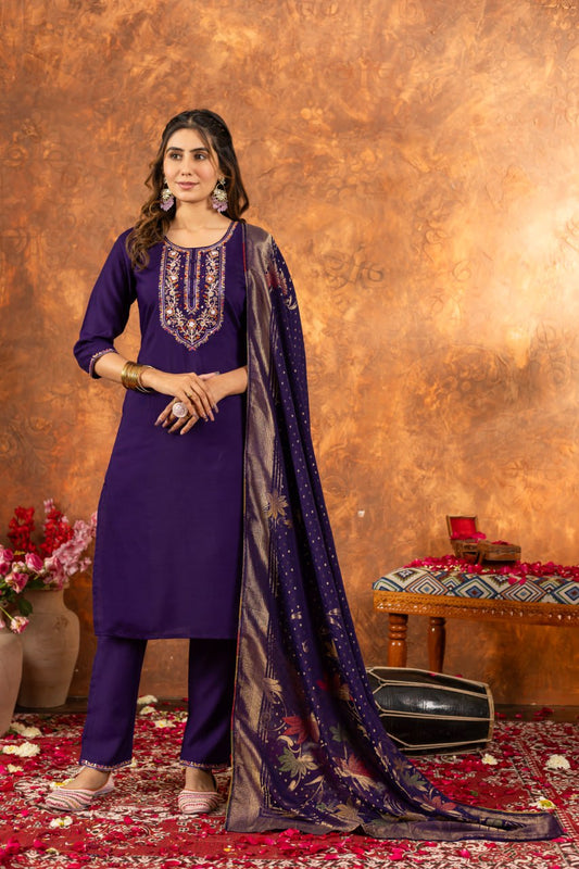 Purple color marina silk salwar suit for women