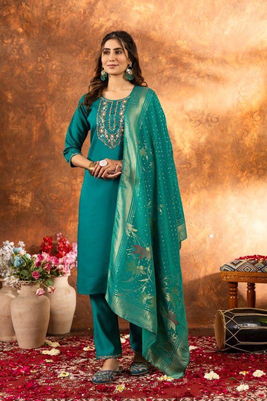 Green color marina silk salwar suit for women