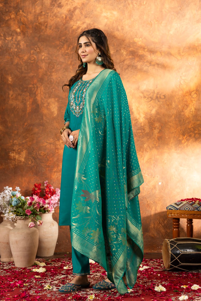 Green marina silk salwar suit for women online