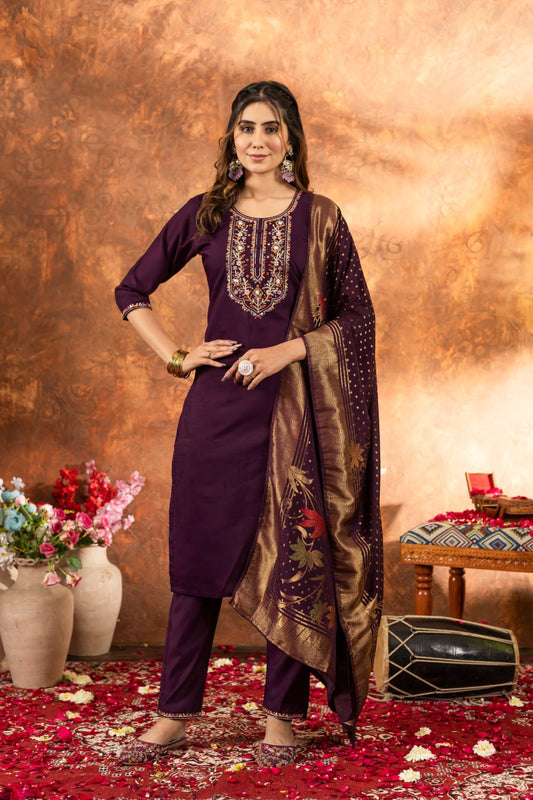 Wine color marina silk salwar suit for women