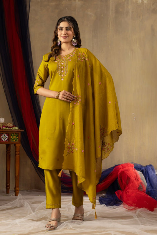 Mustard color silk salwar suit for women with dupatta
