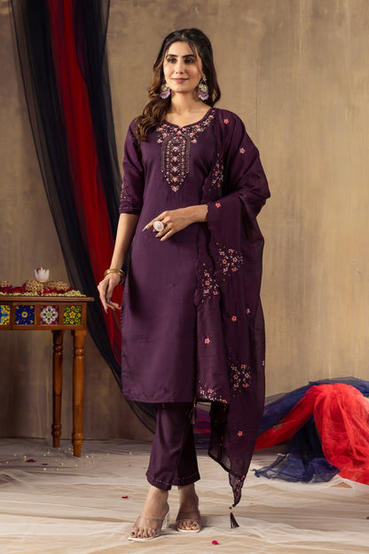 Wine color silk salwar suit for women with dupatta
