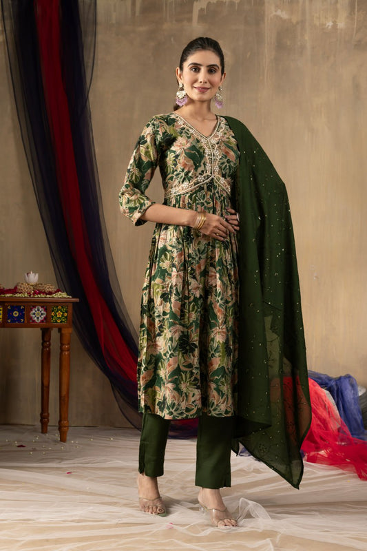 Dark green color modal print salwar suit for women

