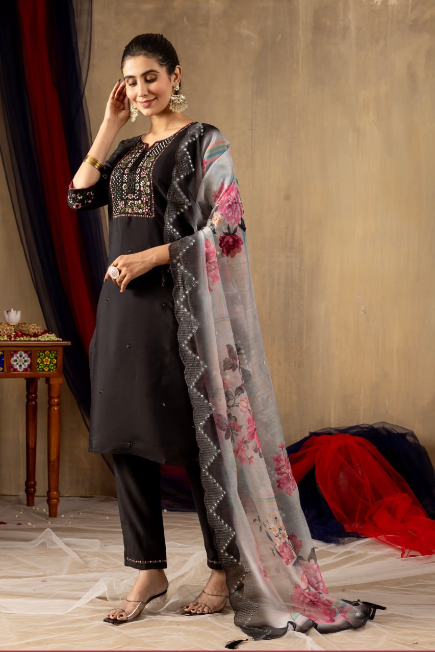 Roman silk black color salwar suit with price