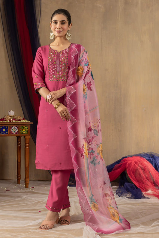 Pink color roman silk salwar suit