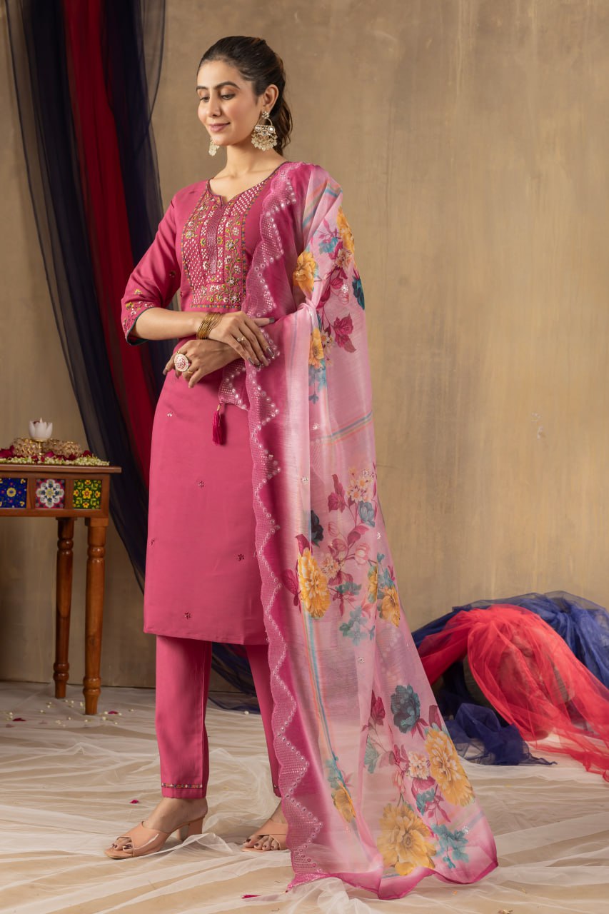 Pink Color Embroidery Hand Work Festive Wear Salwar Suit