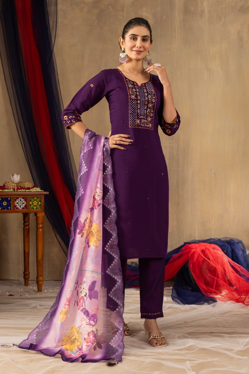 Purple color roman silk salwar suit for women with dupatta
