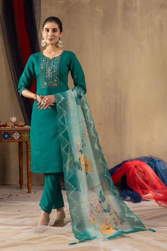 Green color roman silk salwar suit for women