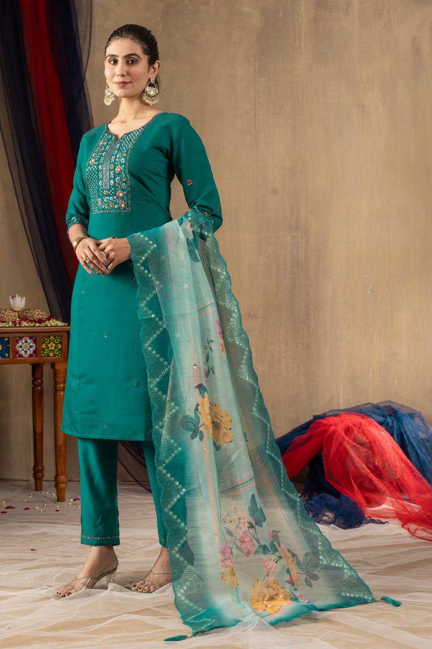 Green embroidery work salwar suit for party
