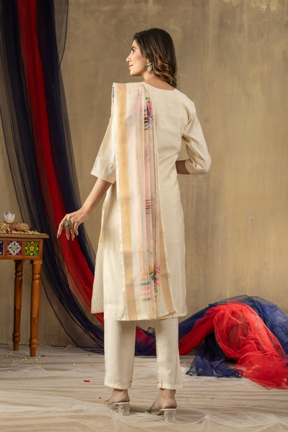 Off white shimmer gold silk salwar suit with dupatta