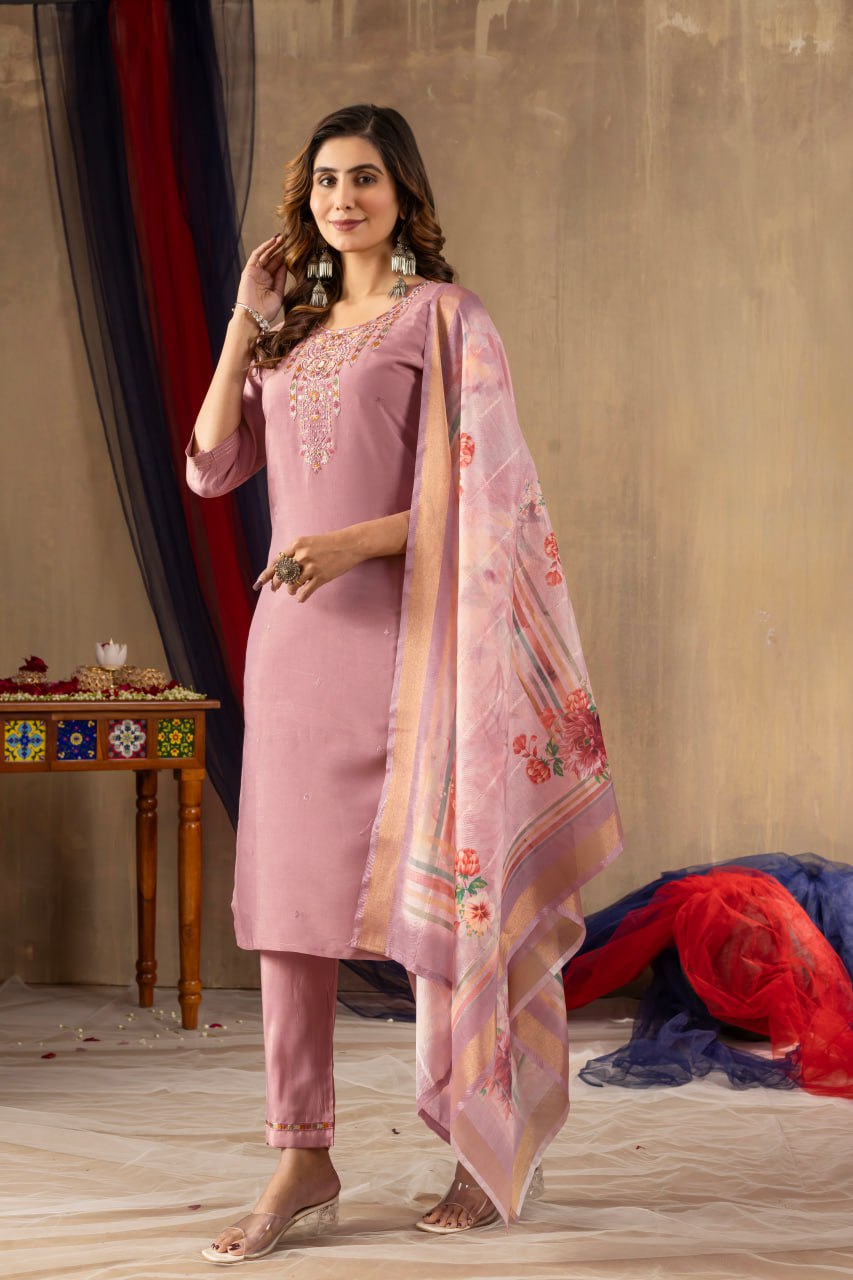 Onion color shimmer gold silk salwar suit for women online
