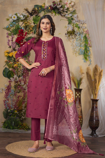 Cerise color viscose roman silk salwar suit for women