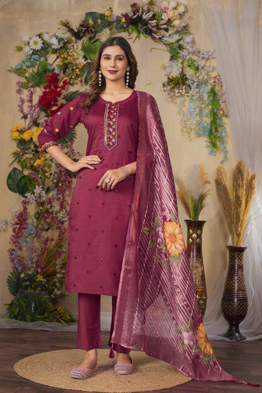 Cerise color viscose roman silk salwar suit for women