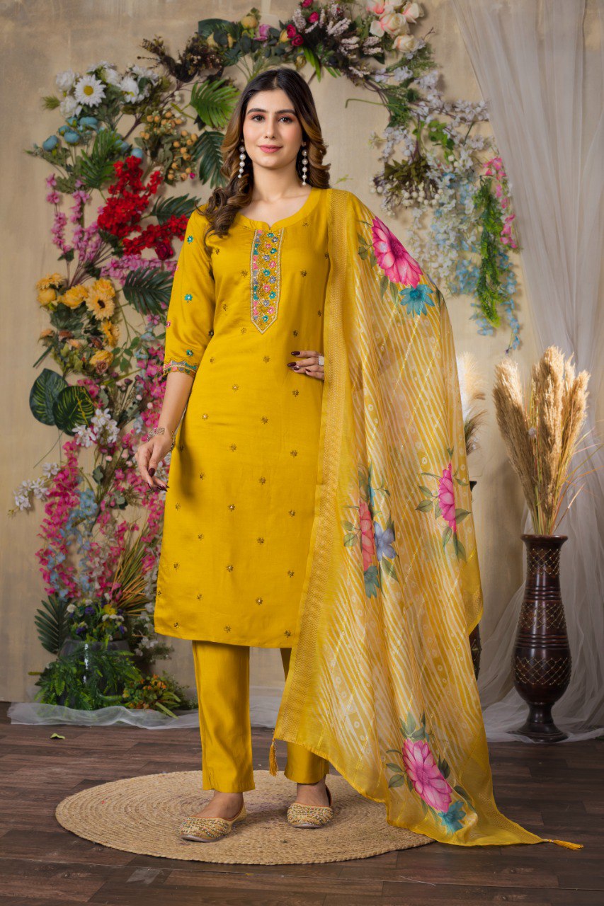 Yellow viscose roman silk salwar suit with dupatta 