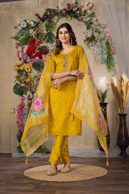 Yellow hand work kurti with pant
