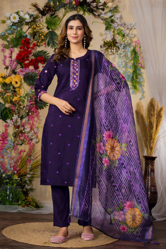Purple color viscose roman silk salwar suit with dupatta 