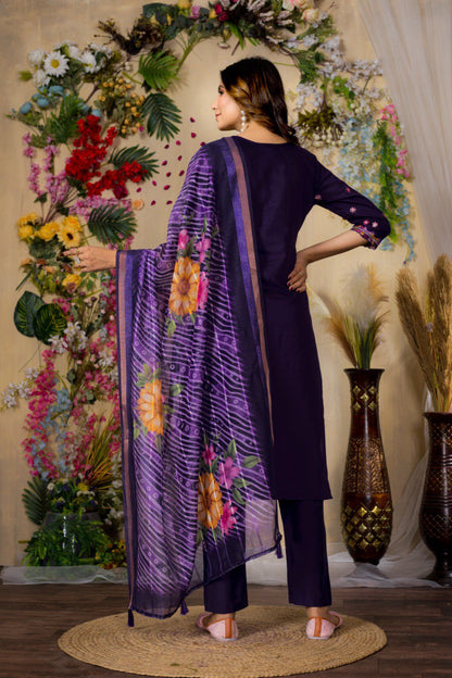 Purple color viscose roman silk salwar suit for women with dupatta