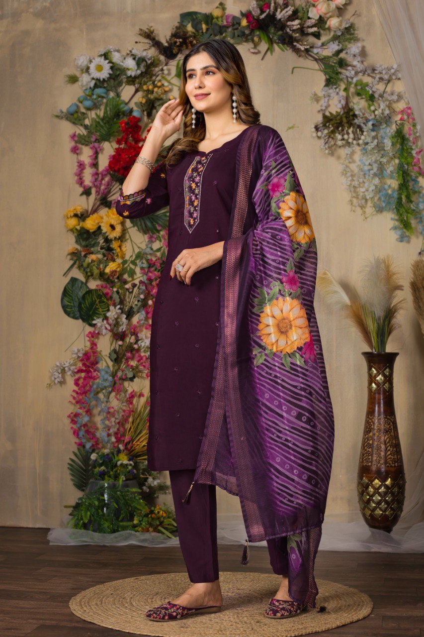 Wine color hand work salwar suit with dupatta