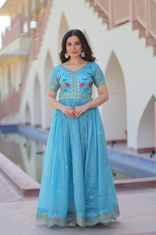Sky color gold crush long gown