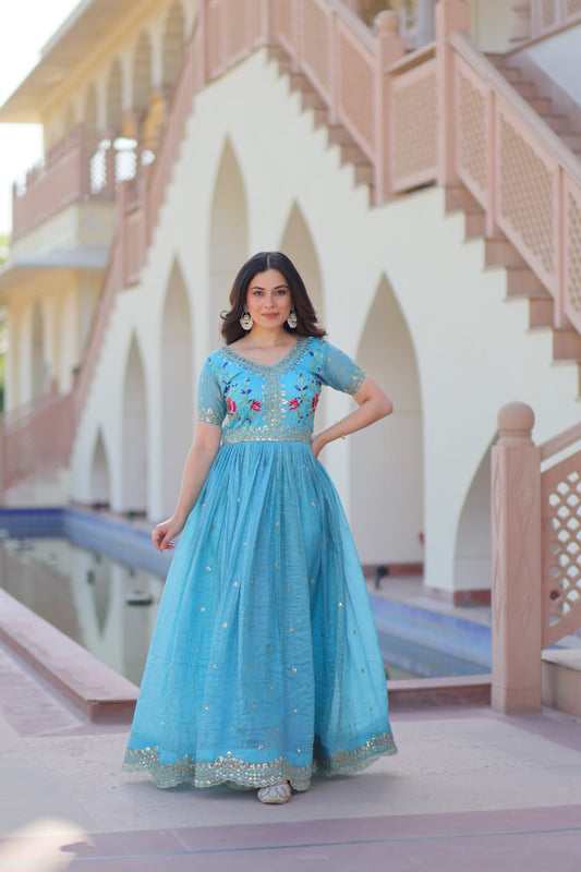 Sky color gold crush long gown with online 