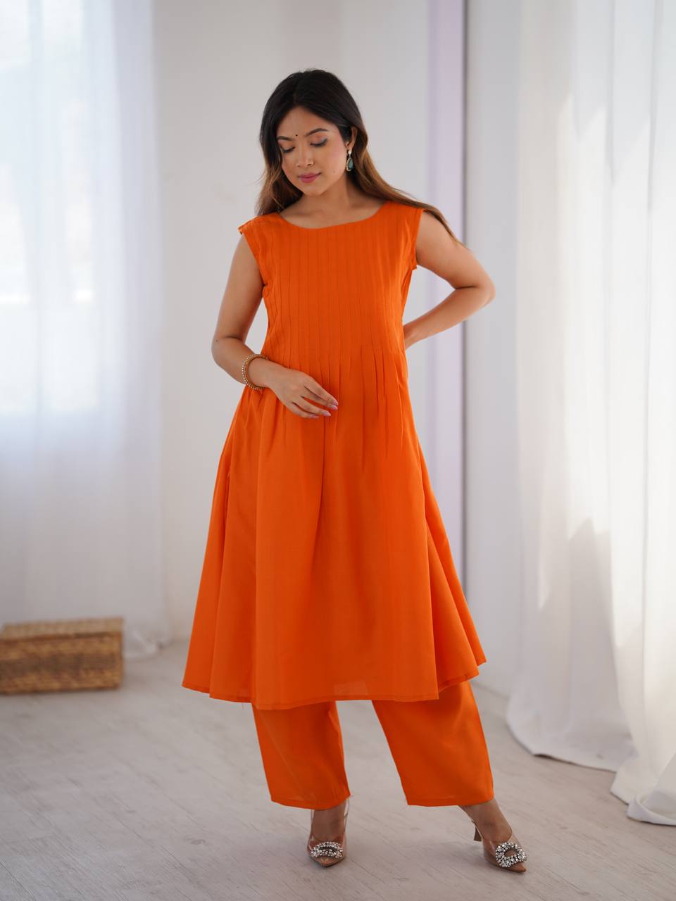 Orange color slub cotton sharara suit 