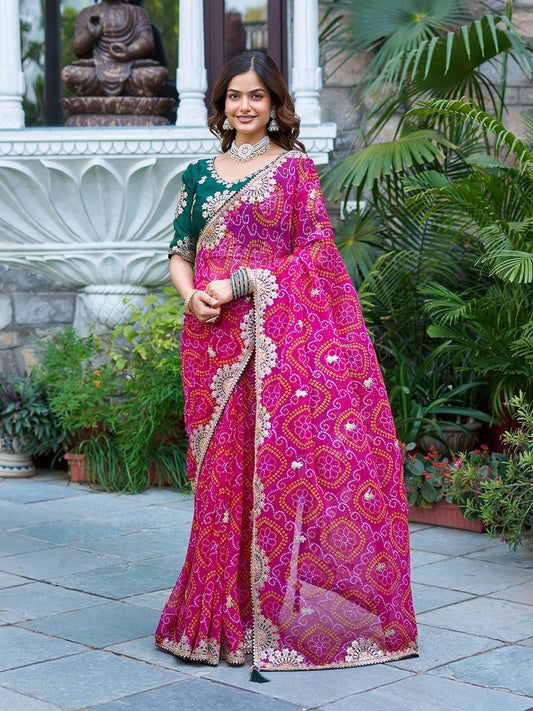 Pink color bandhrej saree for women