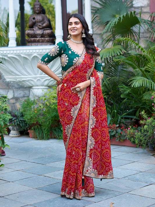 Elegance red color bandhej saree with blouse online