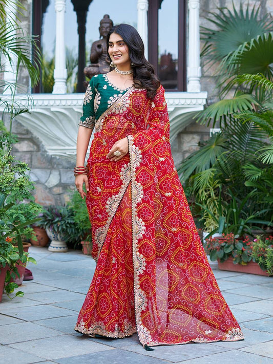 Red color bandhej saree for women