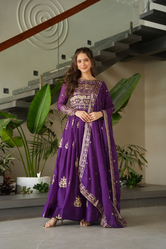 Purple color chinon gown for women