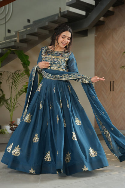 Rama color chinon gown with dupatta